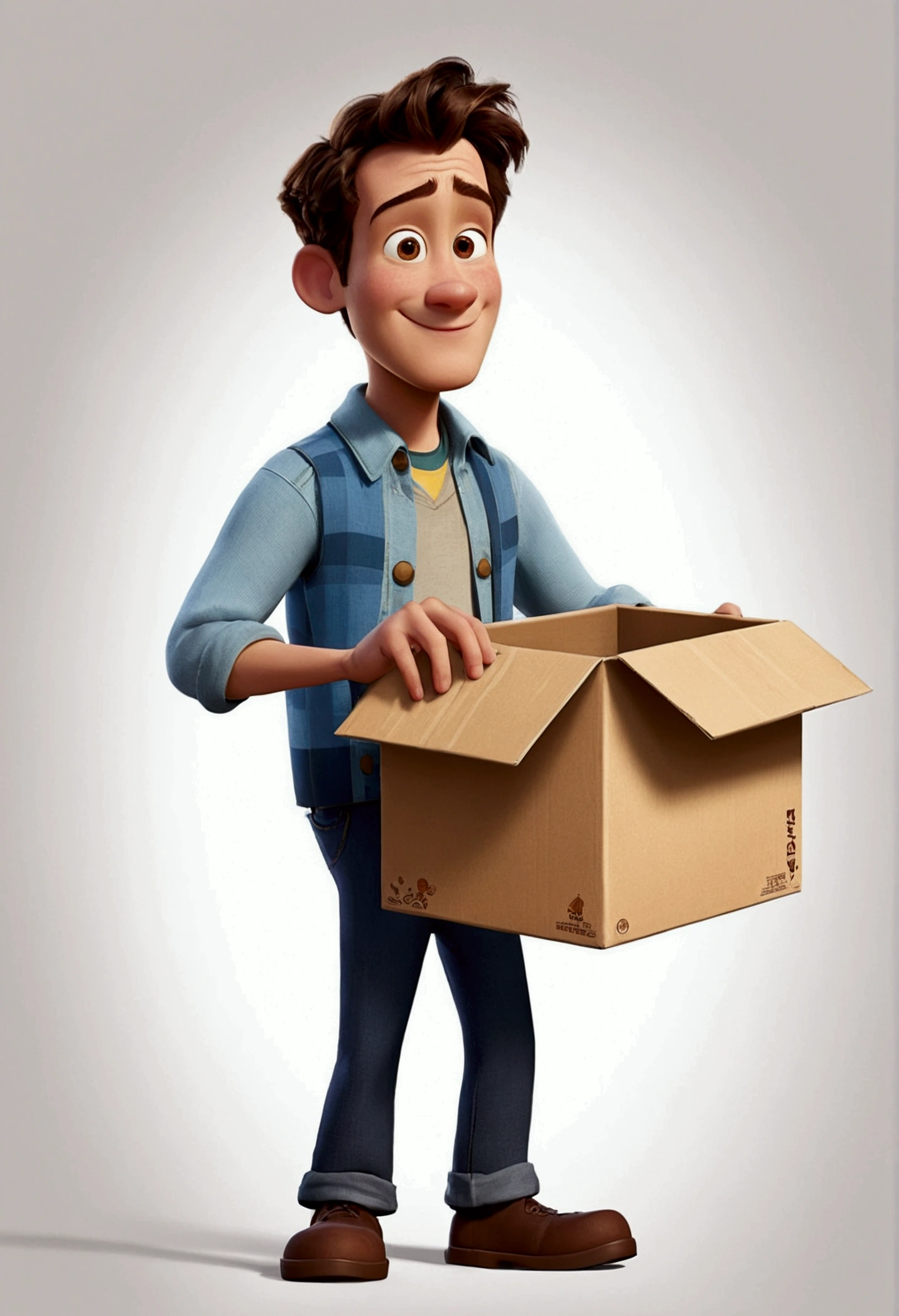 Man with box in hand Disney Pixar style animated