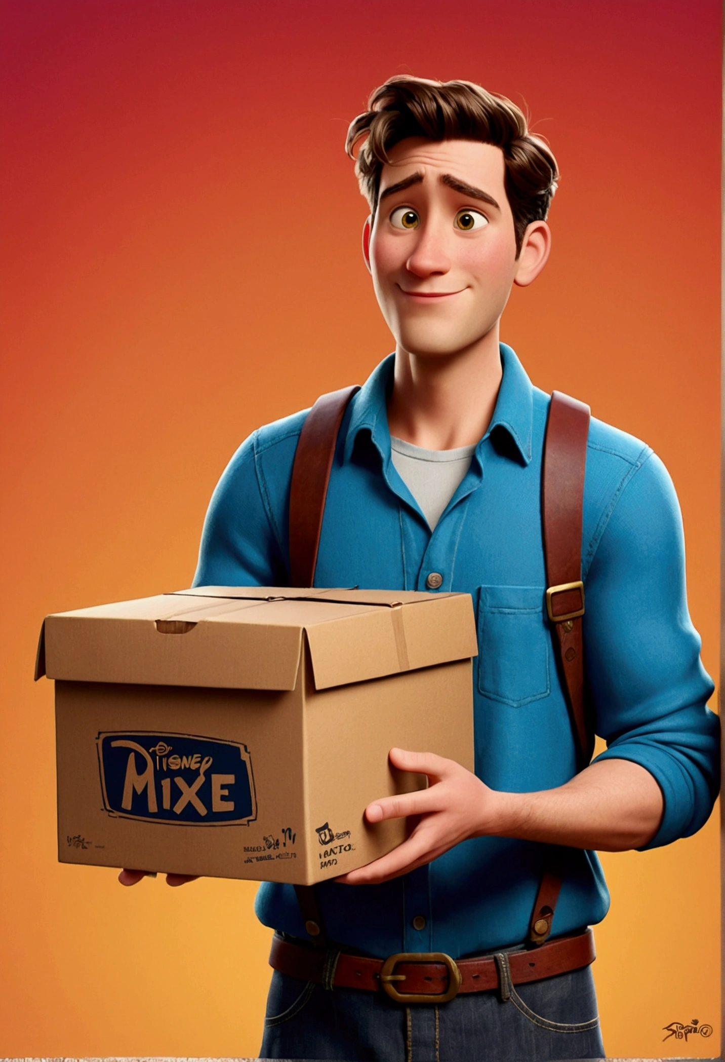 Man with box in hand Disney Pixar style animated