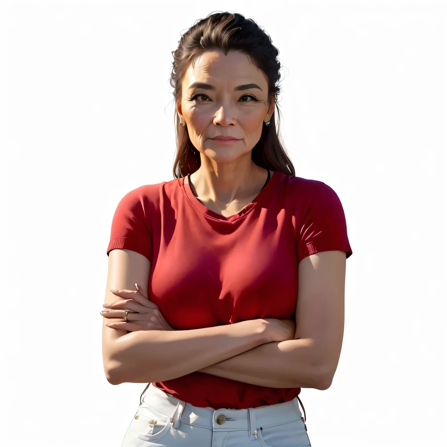 Keep EXACTLY the same style, Make the woman old, add 8 years, age facial expression and details, 38-year-old woman, Image in full quality, no back ground