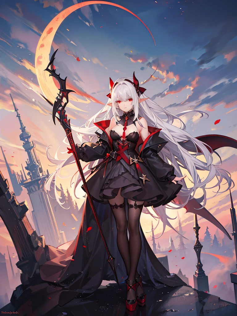 1 Girl Elf, vampire, young, black dress, red right stocking, black left stocking, red eyes, white hair with bow, with a huge scythe, against the backdrop of the red moon, night, looking at viewer, 8k, masterpiece, high res, ultrasharp