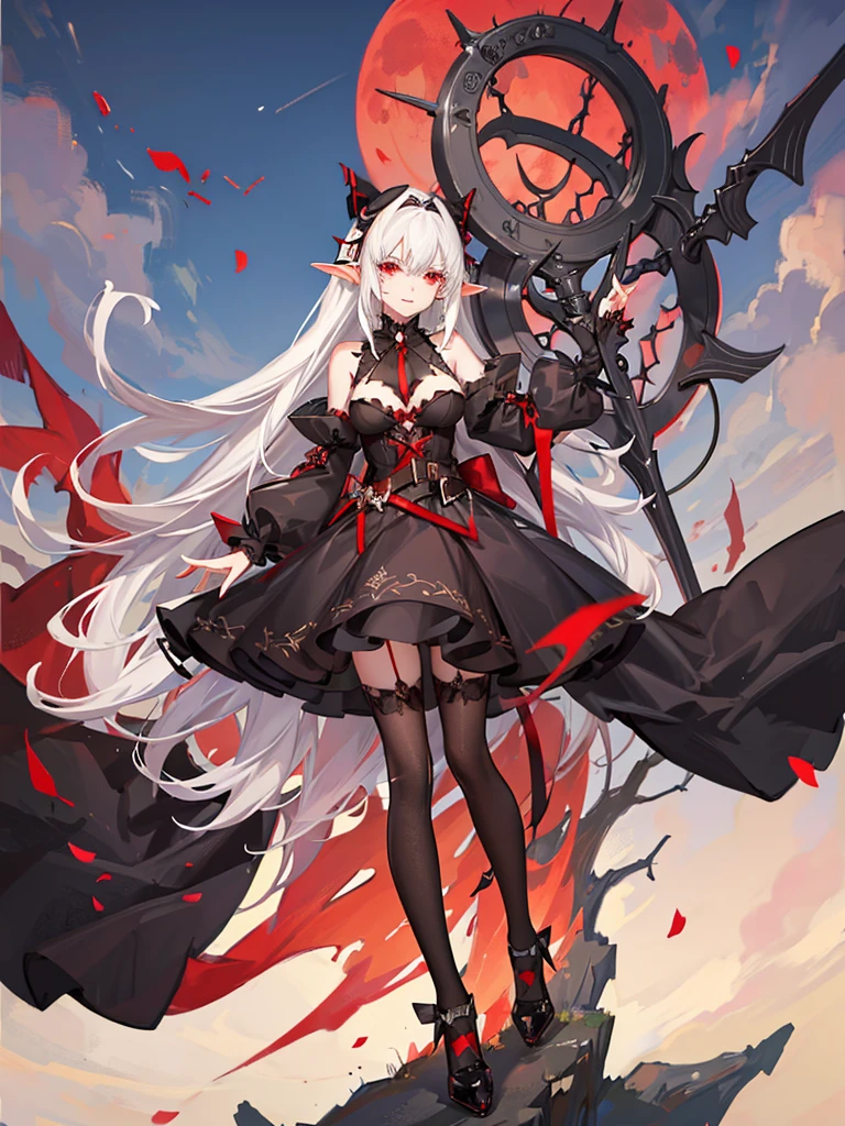 1 Girl Elf, vampire, young, black dress, red right stocking, black left stocking, red eyes, white hair with bow, with a huge scythe, against the backdrop of the red moon, night, looking at viewer, 8k, masterpiece, high res, ultrasharp