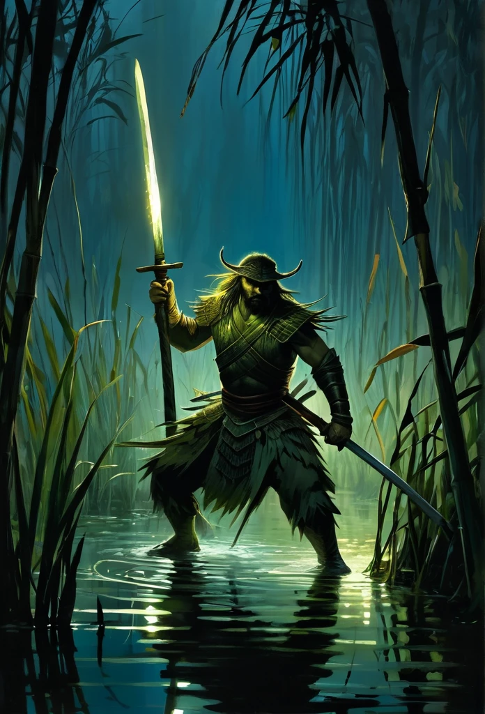 Warrior cutting reeds in a swamp at night using his sword fiercely