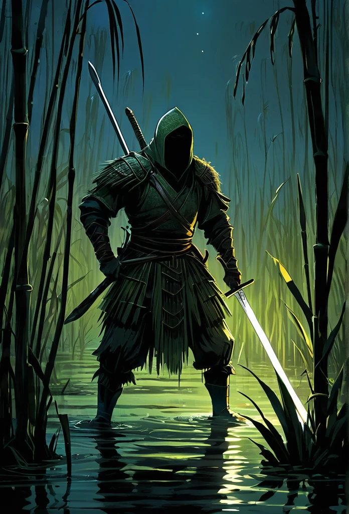 Warrior cutting reeds in a swamp at night using his sword fiercely 