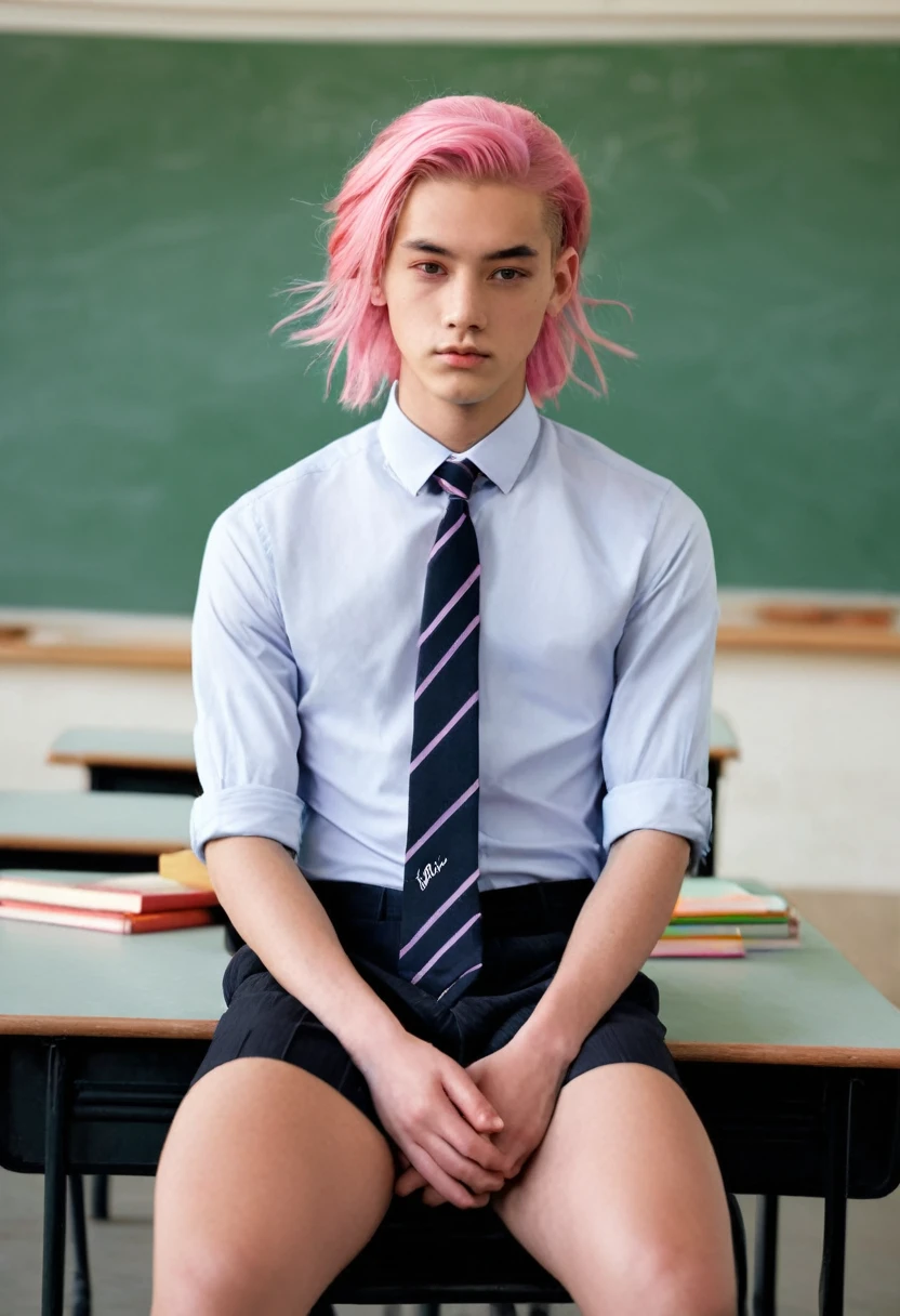 a young woman sitting in what appears to be a classroom setting. He has long pastel pink hair and is wearing a shirt with a tie., which adds a formal yet youthful touch to your appearance. His gaze is directed towards the viewer, with a calm and introspective expression, that together with his slightly parted lips, adds to your contemplative attitude. His most notable features include the tattoo visible on his neck, what does it say "Free Spirit" in a delicate handwriting, and another intricate tattoo on his arm, which suggests a mix of elegance and nervousness in his character. the bottom, although slightly blurry, clearly shows traditional classroom elements, like desks and blackboards, that contrast with its modern and somewhat rebellious aesthetic. This juxtaposition evokes a sense of individuality and defiance compared to conventional environments.