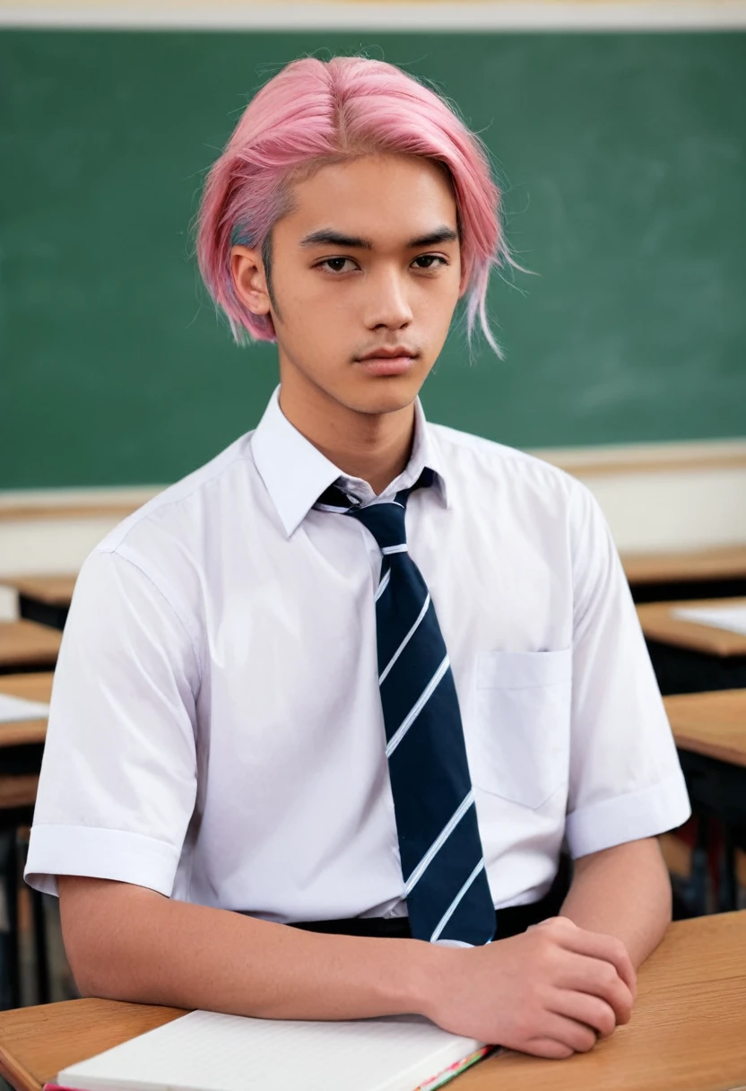 a young woman sitting in what appears to be a classroom setting. He has long pastel pink hair and is wearing a shirt with a tie., which adds a formal yet youthful touch to your appearance. His gaze is directed towards the viewer, with a calm and introspective expression, that together with his slightly parted lips, adds to your contemplative attitude. His most notable features include the tattoo visible on his neck, what does it say "Free Spirit" in a delicate handwriting, and another intricate tattoo on his arm, which suggests a mix of elegance and nervousness in his character. the bottom, although slightly blurry, clearly shows traditional classroom elements, like desks and blackboards, that contrast with its modern and somewhat rebellious aesthetic. This juxtaposition evokes a sense of individuality and defiance compared to conventional environments.
