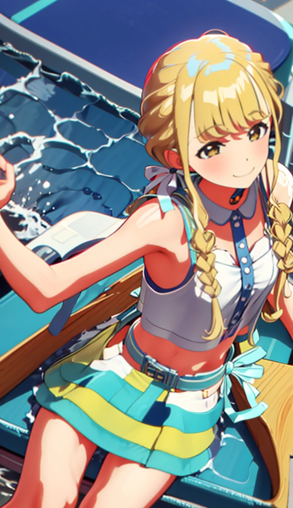 Blonde, on the sea, sitting on a swim ring, wearing a bikini, cute smile, one arm stretched out towards us, splashing water, flushed cheeks, top view, close-up, wearing a bikini, armpit, laughing with mouth open