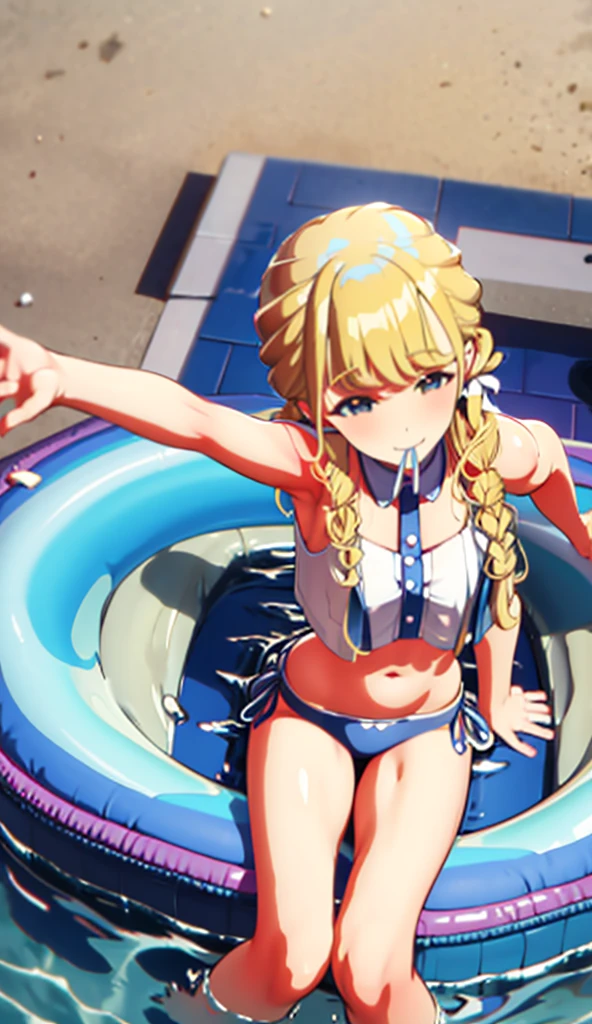 Blonde, on the sea, sitting on a swim ring, wearing a bikini, cute smile, one arm stretched out towards us, splashing water, flushed cheeks, top view, close-up, wearing a bikini, armpit, laughing with mouth open