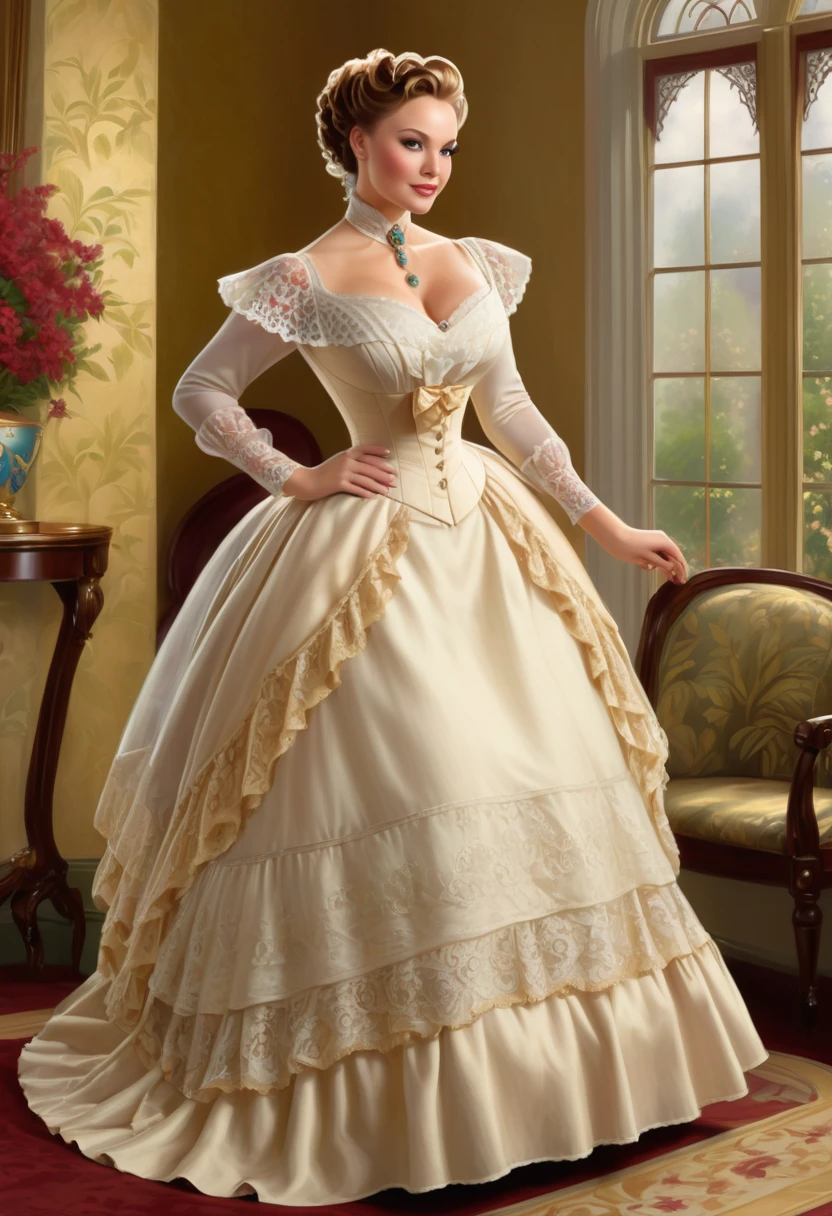 A beautiful Aristacrat woman with large elegant, hawk-like-nose, who embodies old fashioned class, sophistication, elgance as well as wholesome, natural beauty. curvy, thin-waist, wide-hips, swaying-hips. Laura Vandervoort. Oppulent historically accurate victorian dress. Greg Rutkowski, Thomas Kinkade
