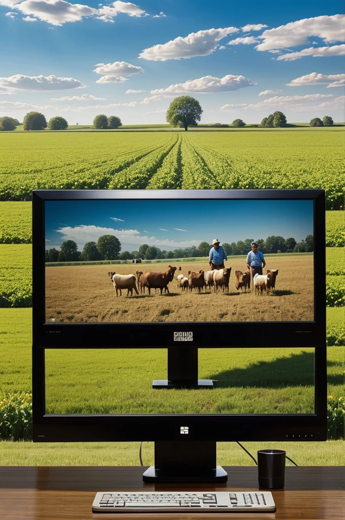 I want that inside the monitor of a large computer there is an image of a family, mom, dad, brothers and a grandpa with farm animals in a field