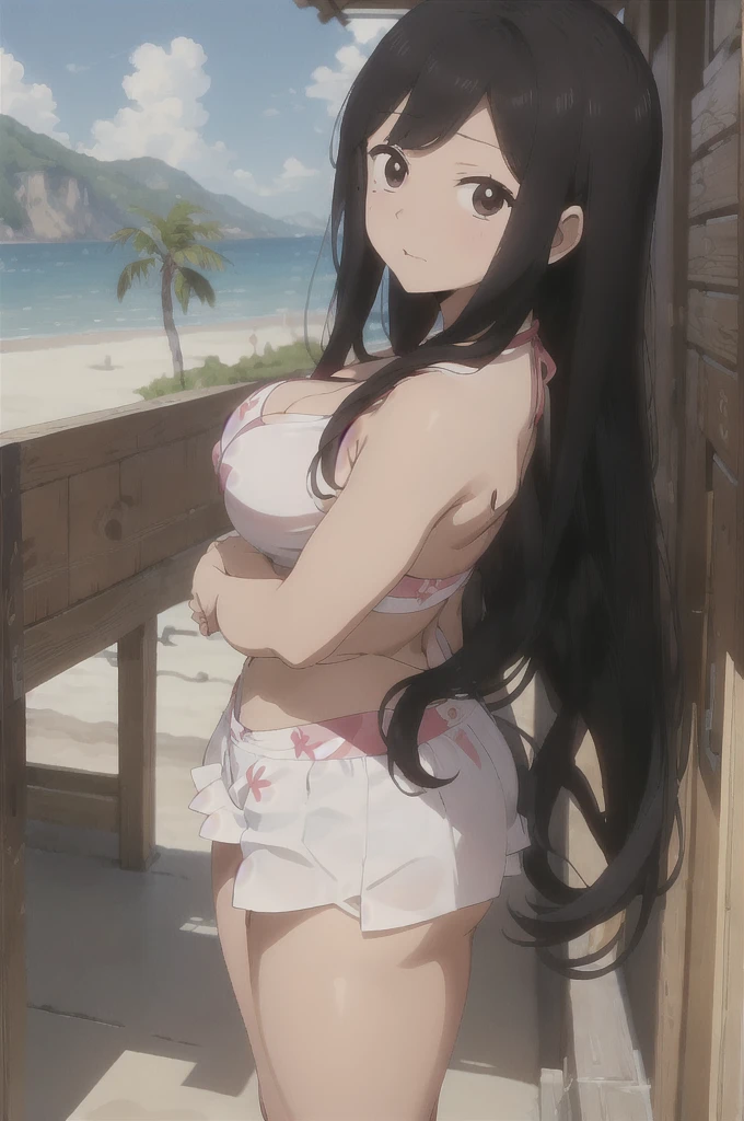 best quality, (masterpiece:1.2), detailed, perfect face, beautiful face, Touko, 1girl, mole under eye, mole, solo, black hair, beach, open mouth, sidelocks, white shirt, breasts, large breasts, long hair, medium hair, bikini, hot, dynamic pose, embarrassed expression, shy expression, closed mouth, hiding her breast, touching her breast, shy, closed mouth, hot, big thighs, jealous, big breast, she is hiding her breast, dynamic pose, she is revealing her breast, super shy expression, red face