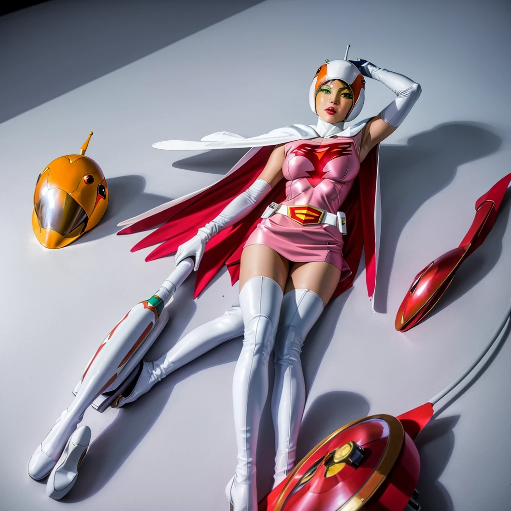 ANI_CLASSIC_jun_gatchaman_ownwaifu,1girl, , good anatomy, masterpiece, best quality, realistic, hyperrealistic, 16k hdr, breasts, green eyes, lips, large breasts, lipstick, makeup, gloves, cape, helmet, belt, elbow gloves, white gloves, mask, ultra miniskirt, leotard, spacesuit, white tight overknee highheels boots, pink dress, superhero,bodysuit,(lying flat poses, view from above),pantyhose