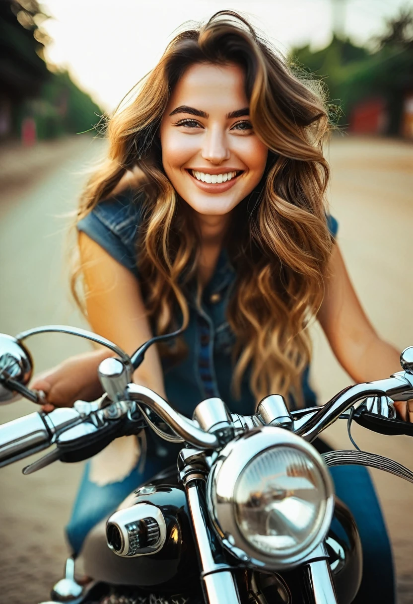 Create a young woman of 26 years old with straight wavy hair and white skin fixing a classic motorcycle smiling with a height of 1,60 meter without makeup on natural face