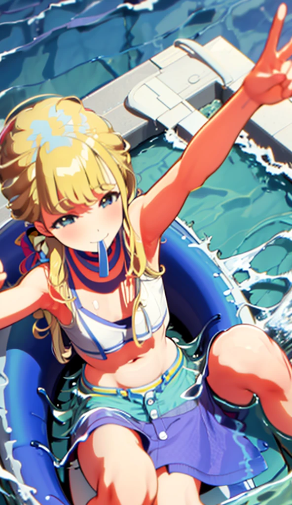 Blonde, on the sea, sitting on a swim ring, wearing a bikini, cute smile, one arm stretched out towards us, splashing water, flushed cheeks, top view, close-up, wearing a bikini, armpit, laughing with mouth open
