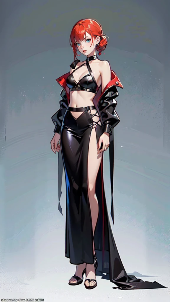 ((masterpiece,Best quality,8 k,A high resolution)),((character concept art)), 1 woman, young adult woman, Red Girl, concept, full length, whole body, magic hunter, (standing still), (full body showcase), (показать whole body), (no logos on background), (no logo), ((simple background)), ((simple background)), (((empty background)))