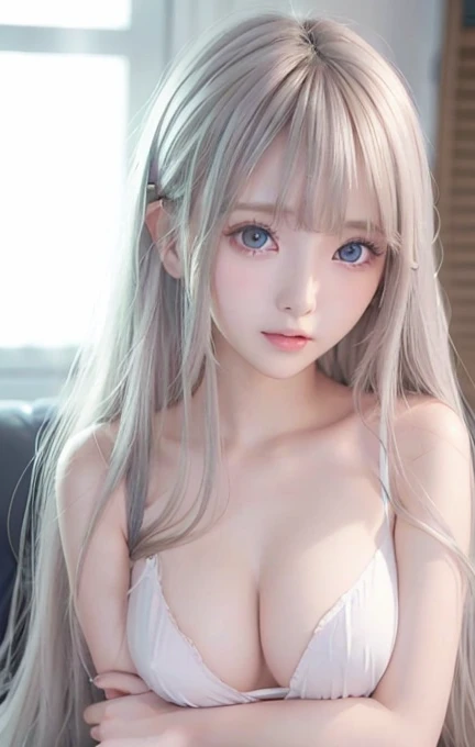 silver shiny hair, super long straight silky hair, dazzling blonde super long silky hair, cute little beautiful face of , beautiful girl, sparkling blonde dancing in front of her cute face, long silky bangs covering the space between her eyes, very beautiful, bright, large, bright blue eyes, very big eyes, hair hiding her face, sexy cute young woman with super long bangs, very white skin, cheek gloss highlighter, small beautiful face, round face, ample bust, nipples, embarrassed face, Light pink small nipples、A divine feeling、A face that feels great in the missionary position