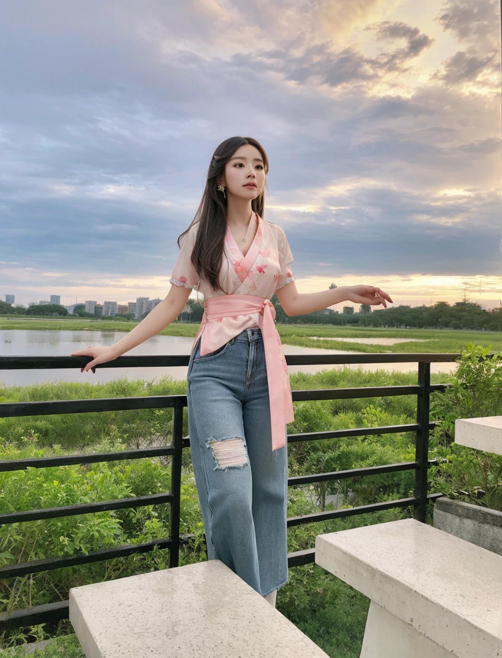 a beauty girl ,wear gorgeous hanfu, Chinese style buildings, landscape
