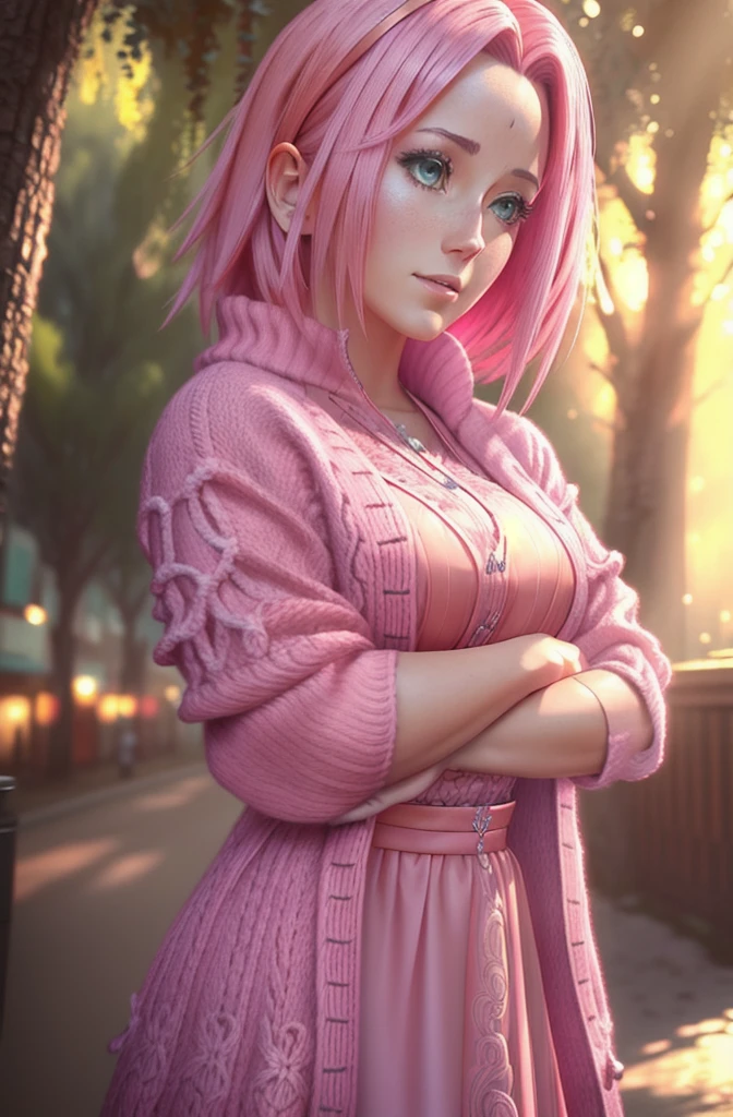 a beautiful tall girl with short anime style pink hair, wearing a pink cardigan and pink dress, standing outdoors, ultra-detailed, photorealistic, 8k, high quality, masterpiece, vibrant colors, natural lighting, intricate details