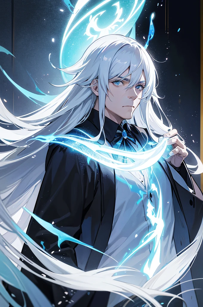 An old man with white hair wearing a black cloak, aura of magical blue flames around mysterious look. Interior of a mansion, epic scene, magie, particles. ((anime styling))