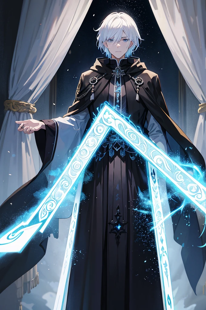 An old man with white hair wearing a black cloak, aura of magical blue flames around mysterious look. Interior of a mansion, epic scene, magie, particles. ((anime styling))