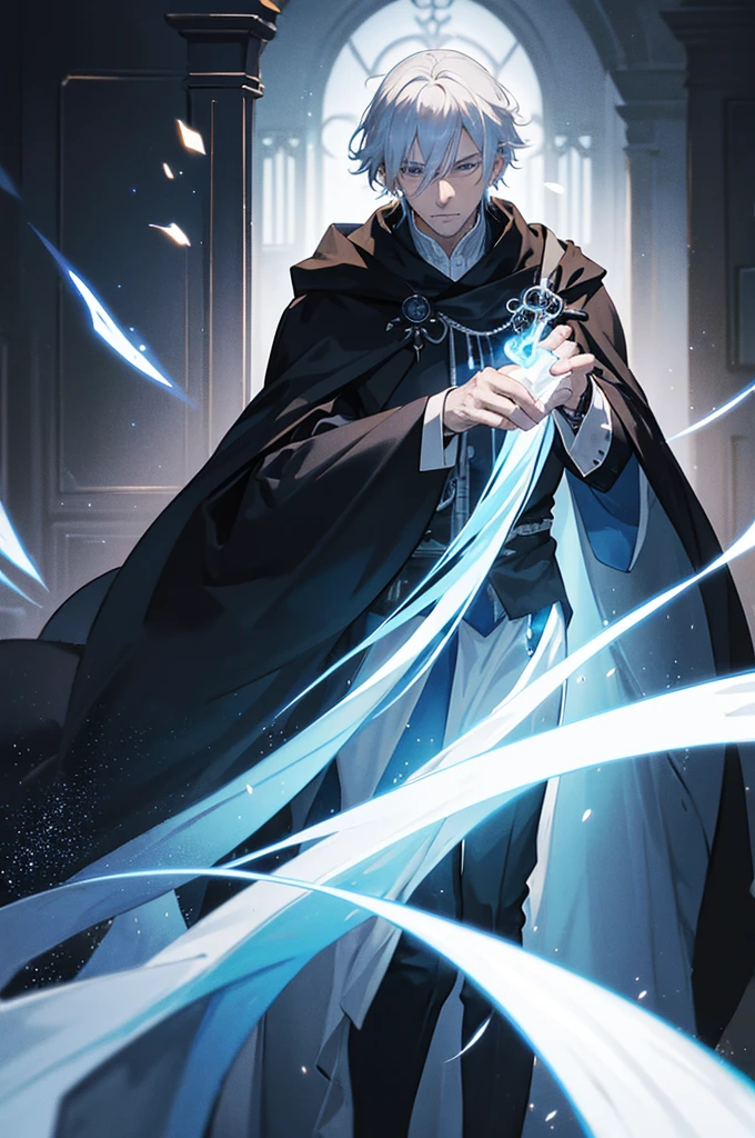 An old man with white hair wearing a black cloak, aura of magical blue flames around mysterious look. Interior of a mansion, epic scene, magie, particles. ((anime styling))