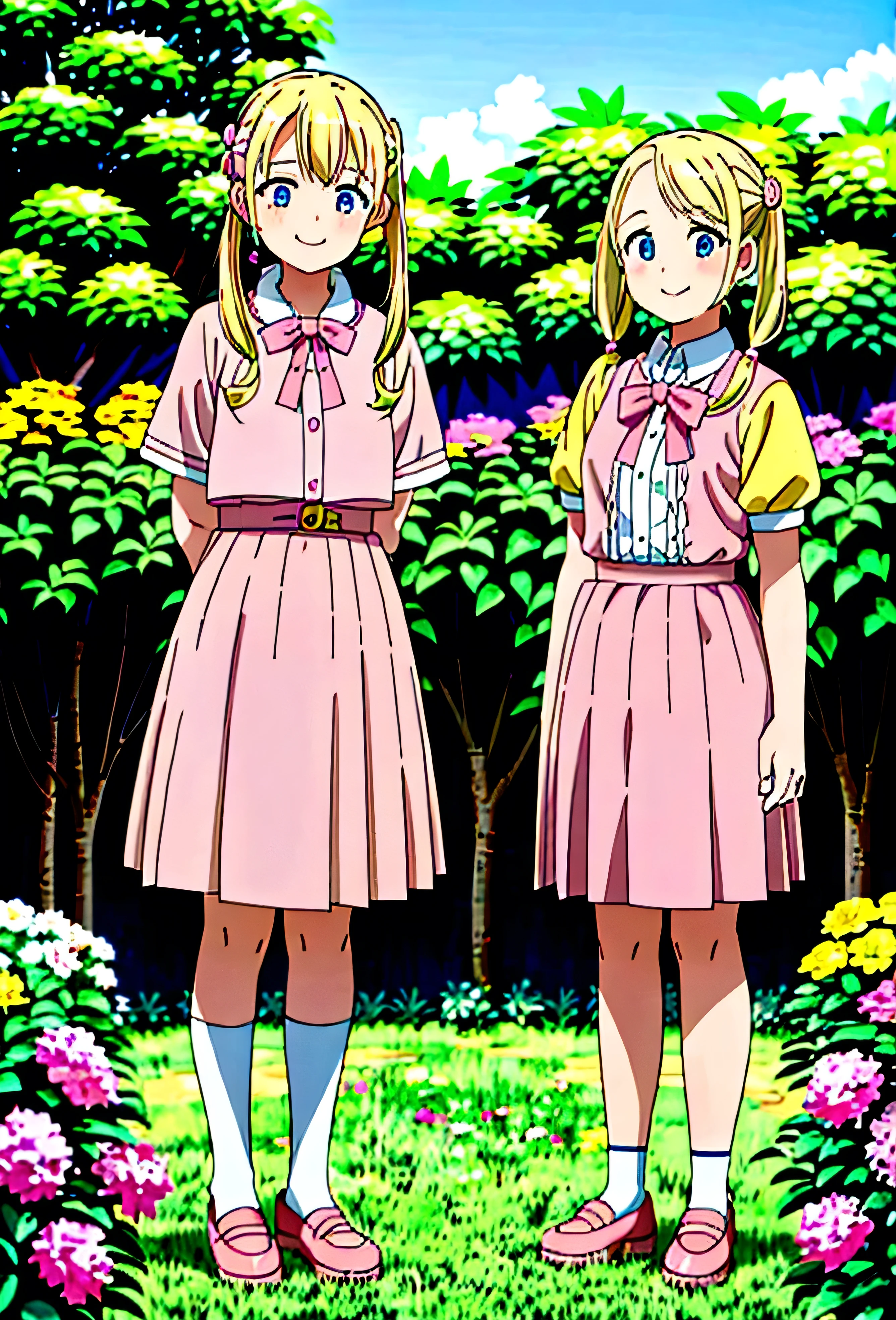 1girl, blonde hair, twin pigtails, yellow shirt, pink skirt, pink shoes, ,age12, Blue eyes, day time, masterpiece, full quality, smiling, 2 pink ribbons, (girl, 12 year old girl), Standing, Garden, outdoors, smiling, looking at the viewers, Flowers, masterpeice, high quality,