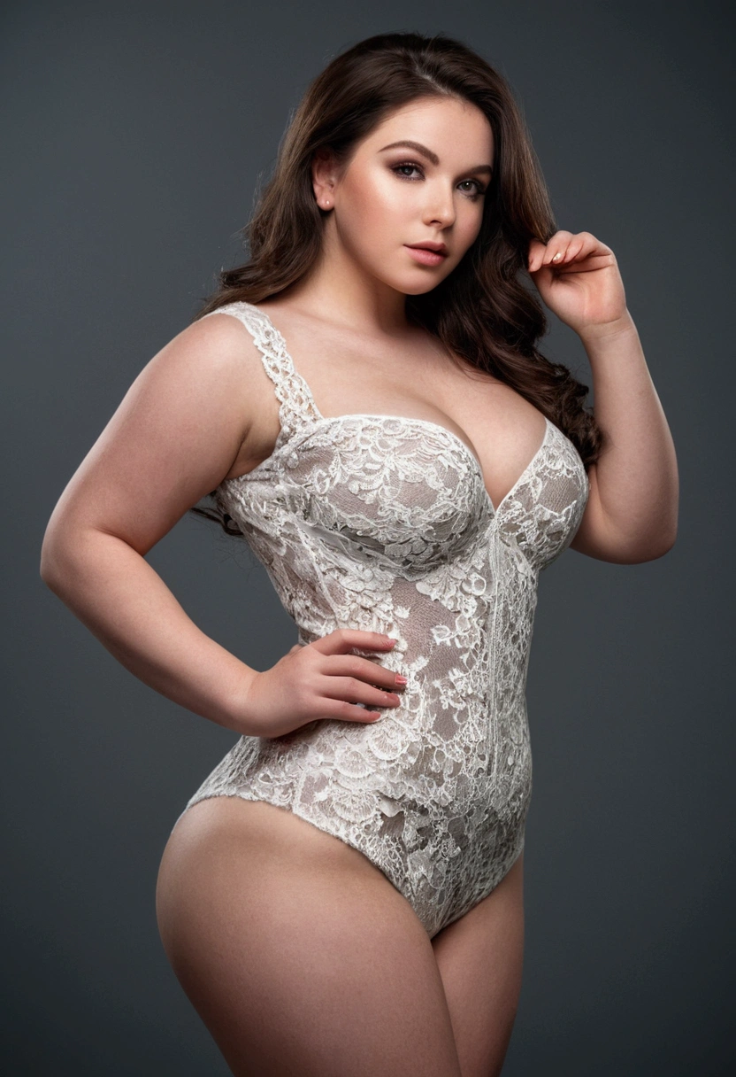 Feminine girl, dark brown hair, white skin, curvy model (hips, buttocks), perfect anatomy (perfect hands and face), photo studio (lace clothes), professional photography, gray background, makeup, lights, close up focus , real, skin texture, canon camera focus, RAW photo