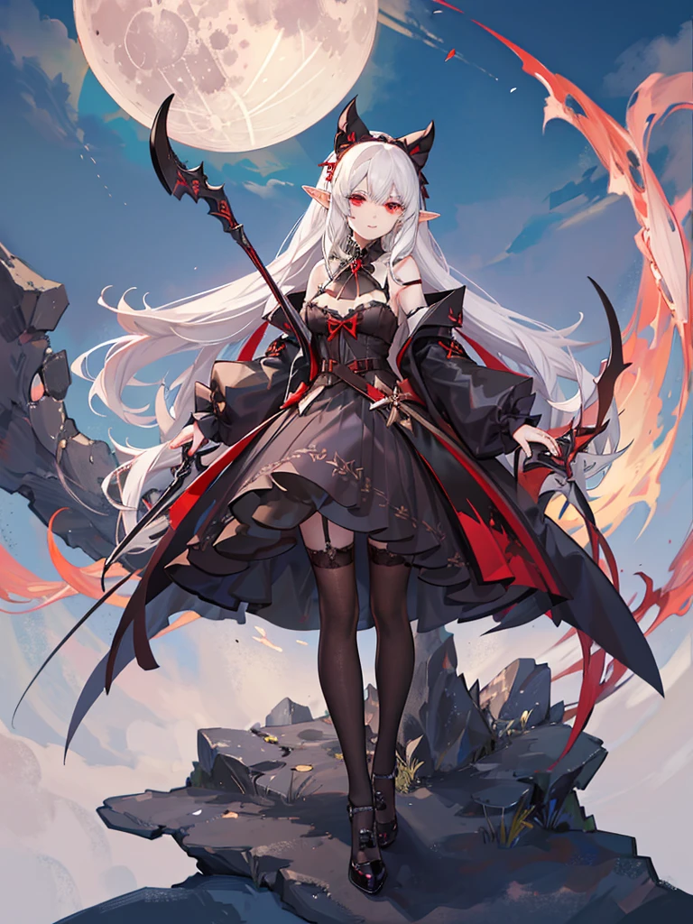 1 Girl Elf, vampire, young, black dress, red right stocking, black left stocking, red eyes, white hair with bow, with a huge scythe, against the backdrop of the red moon, night, looking at viewer, 8k, masterpiece, high res, ultrasharp