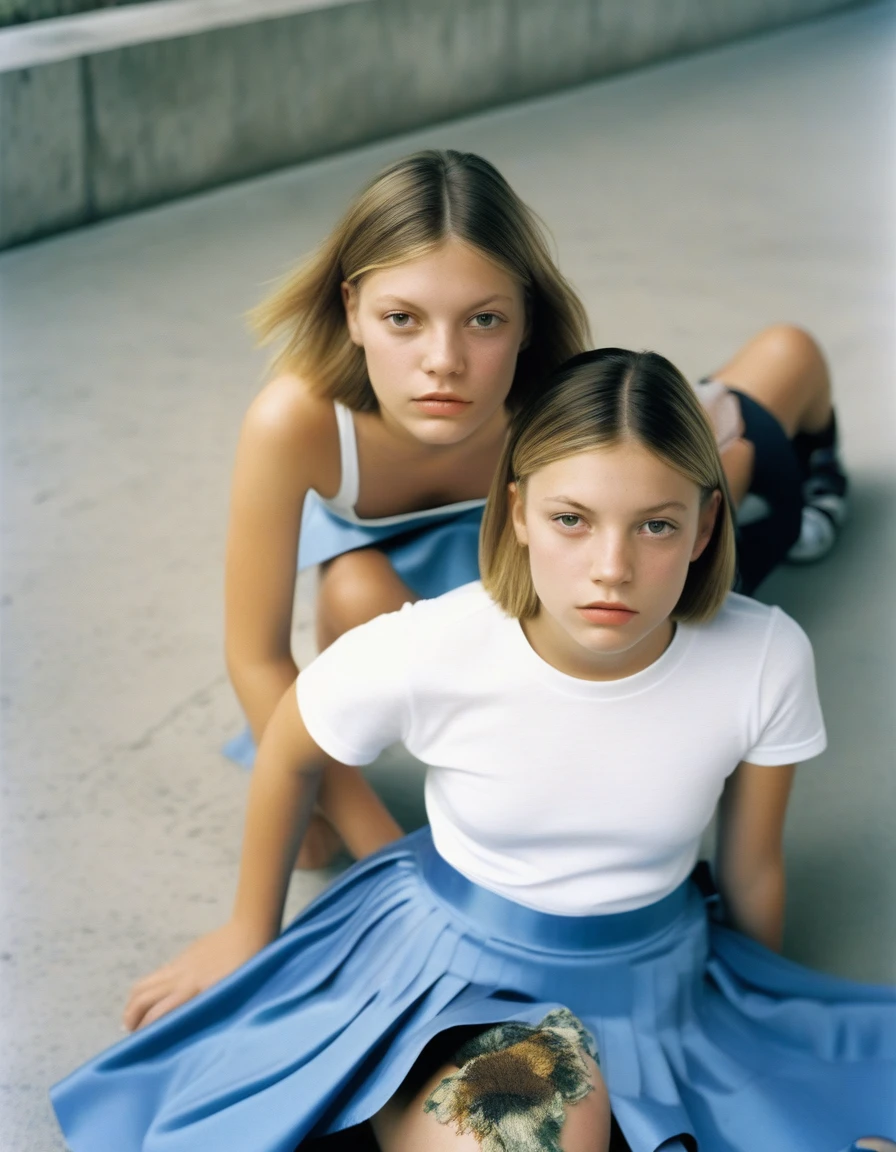 Two girls sitting on the ground ((with mini-skirt):1.9), looking at the camera, Two girls, young girls, Im Stil von Alasdair McLellan, inspired by Martin Schoeller, als Mode-Editorial der 90er, Girls resting, Sisters, im Stil von Petra Collins, Young teenagers, William Eggleston Stil, im Stil von Nan Goldin, hila klein