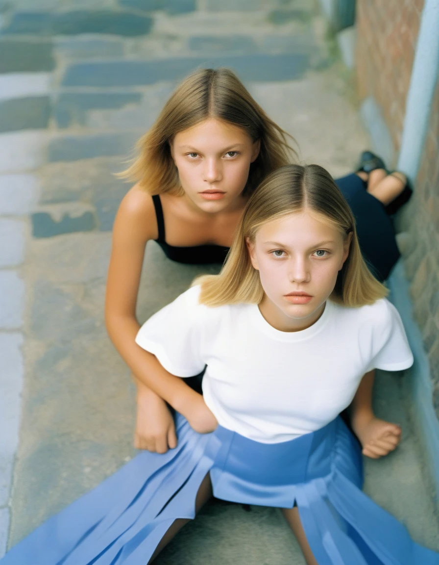 Two girls sitting on the ground ((with mini-skirt):1.9), looking at the camera, Two girls, young girls, Im Stil von Alasdair McLellan, inspired by Martin Schoeller, als Mode-Editorial der 90er, Girls resting, Sisters, im Stil von Petra Collins, Young teenagers, William Eggleston Stil, im Stil von Nan Goldin, hila klein