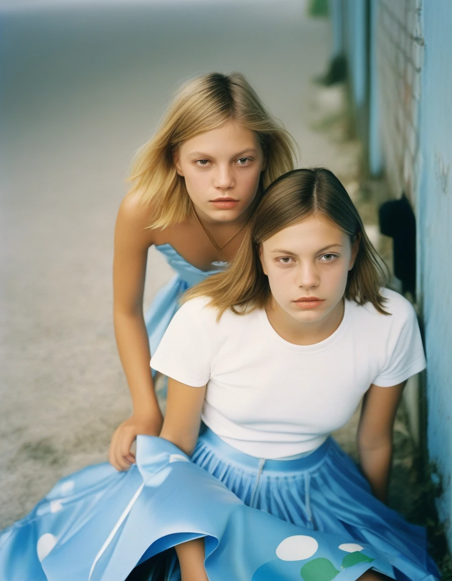 Two girls sitting on the ground ((with mini-skirt):1.9), looking at the camera, Two girls, young girls, Im Stil von Alasdair McLellan, inspired by Martin Schoeller, als Mode-Editorial der 90er, Girls resting, Sisters, im Stil von Petra Collins, Young agers, William Eggleston Stil, im Stil von Nan Goldin, hila klein