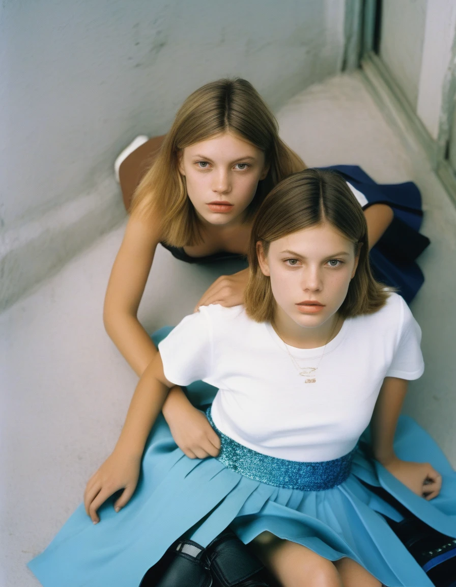 Two girls sitting on the ground ((with mini-skirt):1.9), looking at the camera, Two girls, young girls, Im Stil von Alasdair McLellan, inspired by Martin Schoeller, als Mode-Editorial der 90er, Girls resting, Sisters, im Stil von Petra Collins, Young teenagers, William Eggleston Stil, im Stil von Nan Goldin, hila klein