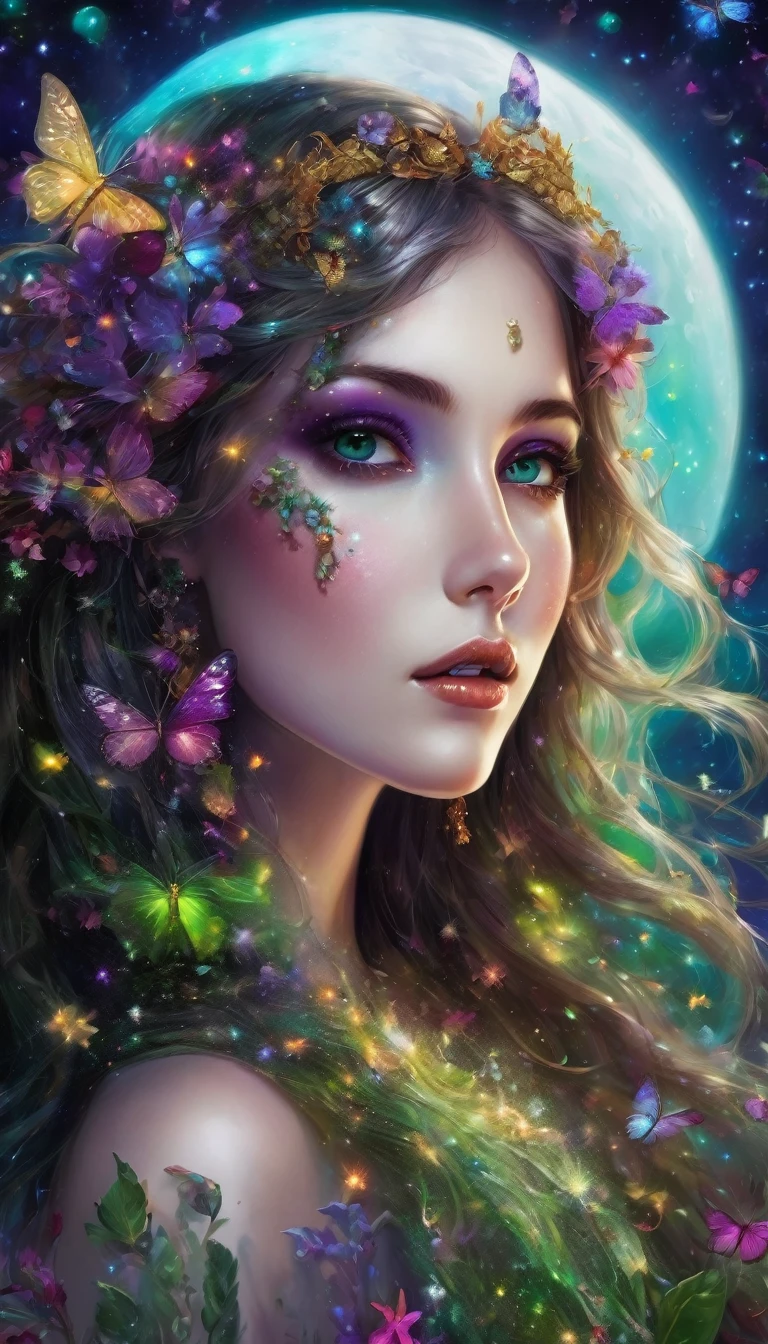 Fantasy, Artistic, A delicate fairy with mature features, puffy lips and stunning realistic green eyes, actively exploring a world filled with dark shades of black, gray, red, brown, burgundy and lavender, high definition full body image her beautiful face and highly detailed, amidst a richly detailed backdrop illuminated by a large moon, stars, galaxies, colorful bubbles and petals, all highlighted by iridescence and bright wind carrying pollen, 8K resolution, intricate, elegant, highly detailed digital photography , majestic