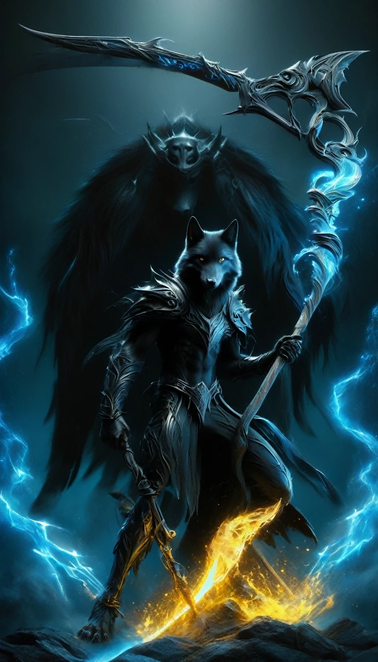 Den black wolf with yellow eyes male holding a large scythe the blue fire scythe, posing, alone, expression of hate, artwork, best art, full body, by violinist taran, detailed eyes, detailed body, claws, tall, pants black, blue shirt,