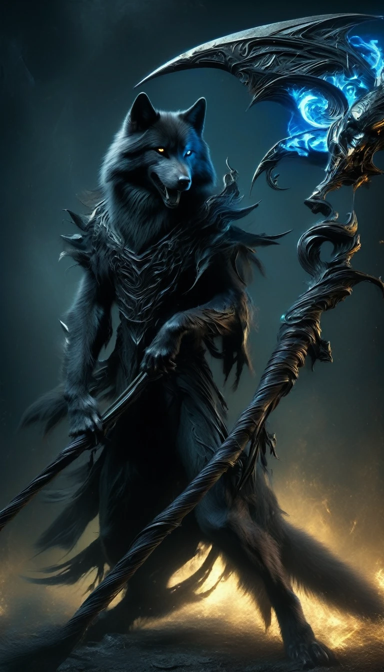 Den black wolf with yellow eyes male holding a large scythe the blue fire scythe, posing, alone, expression of hate, artwork, best art, full body, by violinist taran, detailed eyes, detailed body, claws, tall, pants black, blue shirt,