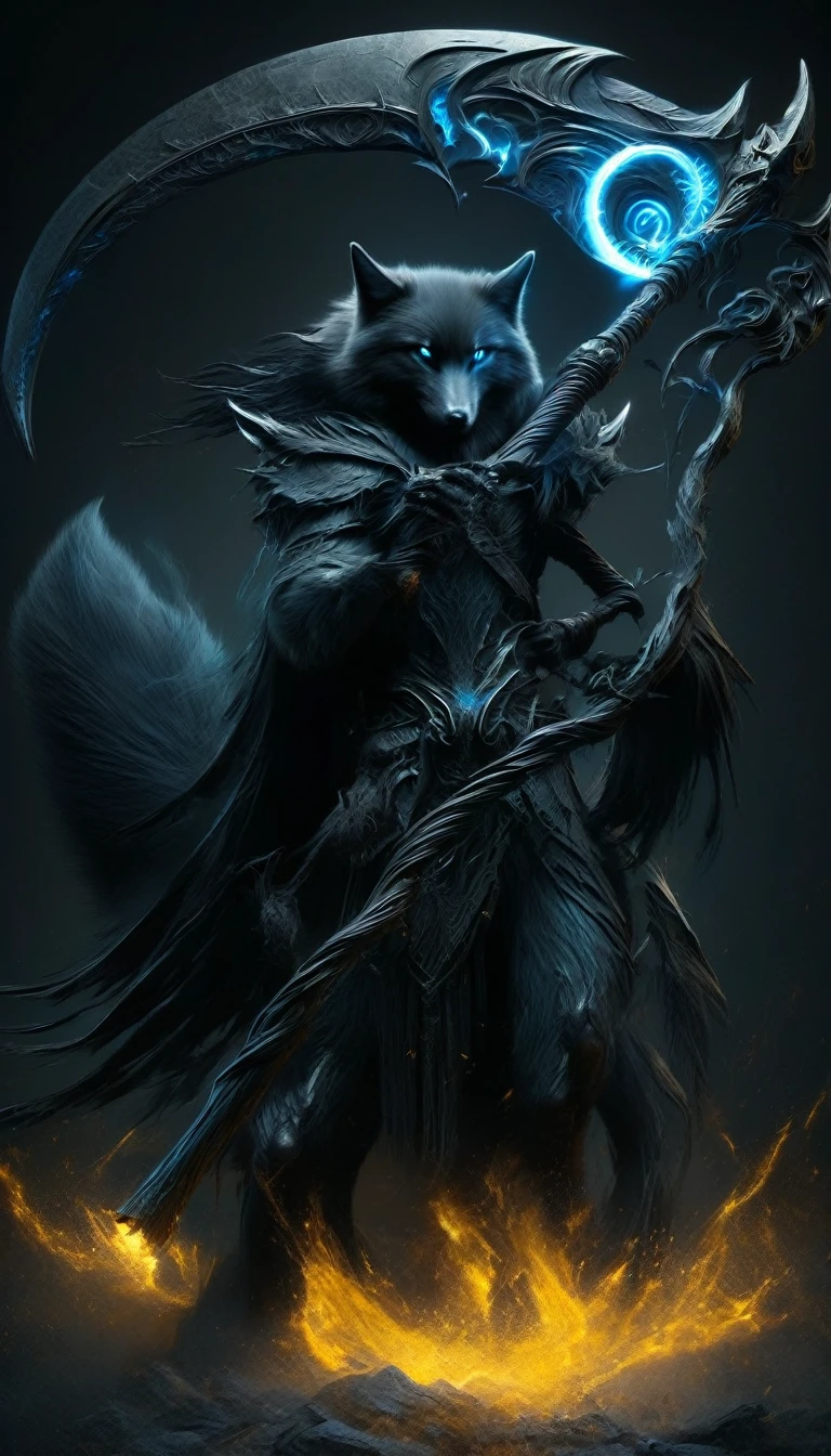 Den black wolf with yellow eyes male holding a large scythe the blue fire scythe, posing, alone, expression of hate, artwork, best art, full body, by violinist taran, detailed eyes, detailed body, claws, tall, pants black, blue shirt,