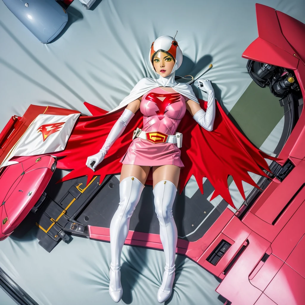 ANI_CLASSIC_jun_gatchaman_ownwaifu,1girl, 15 years old, good anatomy, masterpiece, best quality, realistic, hyperrealistic, 16k hdr, breasts, green eyes, lips, large breasts, lipstick, makeup, gloves, cape, helmet, belt, elbow gloves, white gloves, mask, ultra miniskirt, leotard, spacesuit, white tight overknee highheels boots, pink dress, superhero,bodysuit,(lying flat poses, view from above),pantyhose