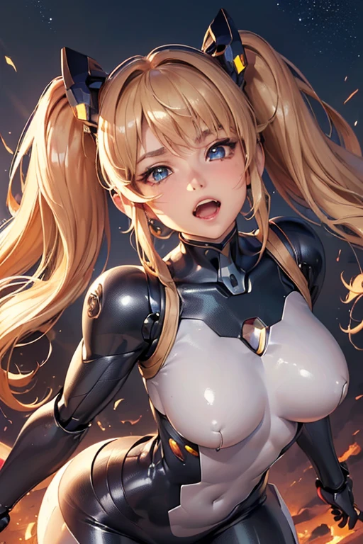 #Basics A girl is posing for a photo, animeのかわいい女の子, (((One Girl, Baby Face, Young girl, ))),
BREAK
#Clothing Accessories
((青の機械式cyborgボディスーツ : (Plug Suit:1.4) + Gauntlet + Communication Headsets, Robot Girl:1.4, cyborg, Mechanic),
Red gemstone earrings,
BREAK
#Features
((Blonde)), (Curly hair), (Twin tails : Long Hair + Fuller Hair + Hair blowing in the wind),
(Droopy eyes, blue eyes), (Small breasts),
BREAK
#background environment
(night、(sf, future worldview, Ruins, Crescent Moon)),
#Facial Expression Pose
((smile:1.5 + Teeth are visible + Laughing with open mouth), (Arms crossed:1.4, Standing pose)),
#composition
((Face the camera, Angle from below, Cowboy Shot)),
BREAK
#Body parts elements
(Detailed hair, Beautiful Hair, Shiny Hair),
(double eyelid, Long eyelashes),
(Expression of fine eyes, Beautiful and delicate eyes, Sparkling eyes, Eye Reflexes, Glitter Eyeliner),
(Human Ear),
(Beautiful Nose, Thin Nose),
(Glossy lips, Beautiful Lips, Thick lips, Glossy Lips, Natural Cheeks),
(Detailed face, Symmetrical facial features),
(Detailed skin, Textured skin, Beautiful Skin, Shiny skin),
BREAK
#Quality
(((Highest quality)), ((masterpiece)), ((Very detailed))), ((High resolution), (16K,1080P)),
(Realistic), (Anatomically correct),
((comics, anime)), (3DCG), CG illustration,