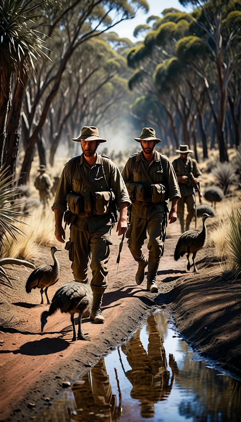 Soldiers walking through the Australian wilderness, trying to keep up with the emus, cinematic background, hyperrealisti, ultra detailed hyperrealisti, photorrealistic, studio lighting, reflections, dynamic pose, cinematic, Historical accuracy, color grading, fot, Shot with a 50mm lens, ultra-wide angle, Depth of field, 超detailded, beautifully color-graded, 8K