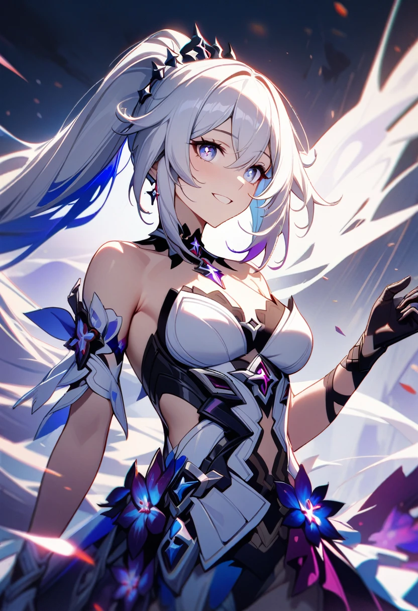 1girl, Kiana Kaslana \(Herrscher of Finality)\, Honkai Impact 3rd, beautiful detailed eyes, extremely detailed face, ponytail, bright smile, intricate details, cinematic lighting, vibrant colors, dramatic composition, digital painting, masterpiece, 8K, ultra-detailed