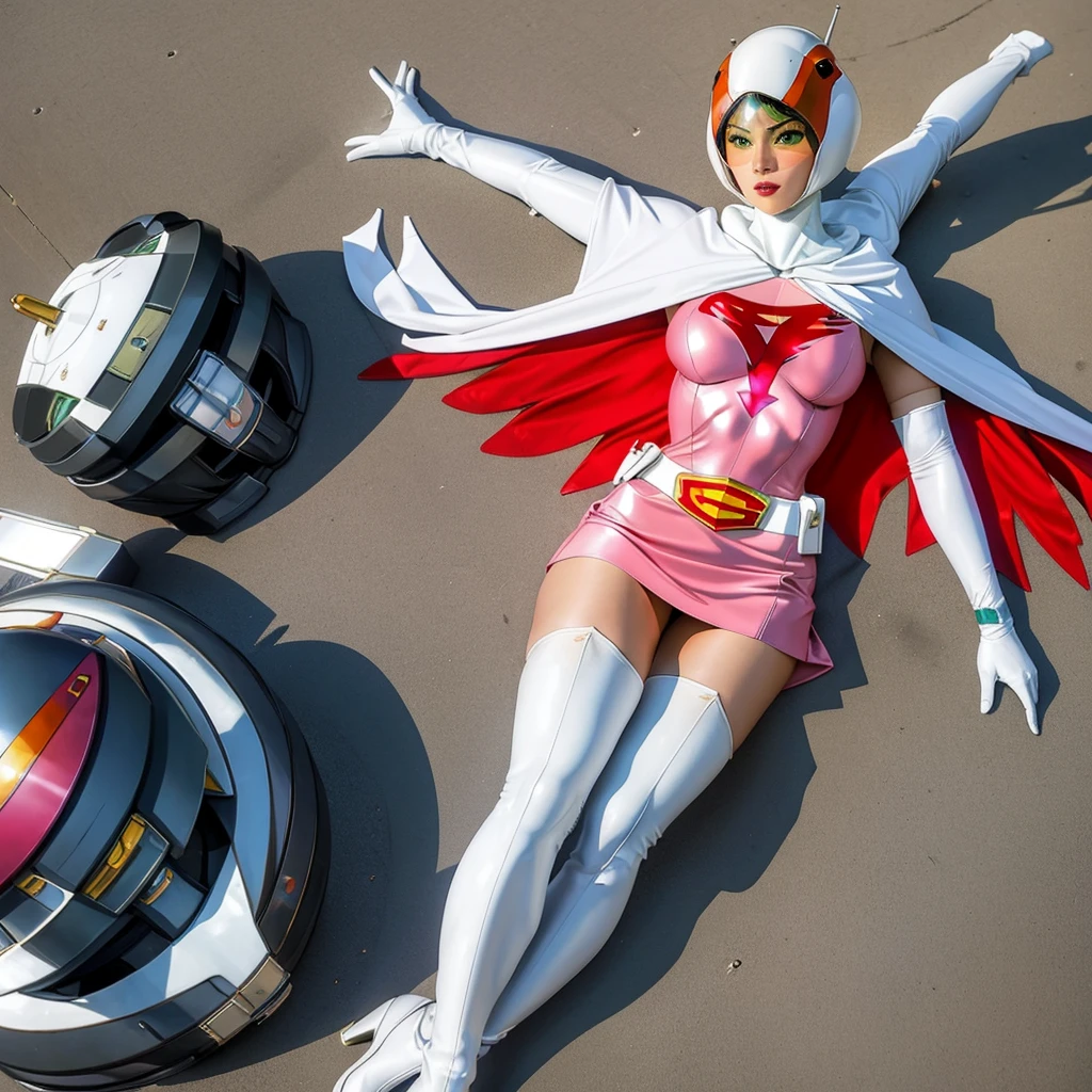 ANI_CLASSIC_jun_gatchaman_ownwaifu,1girl, 15 year old, good anatomy, masterpiece, best quality, realistic, hyperrealistic, 16k hdr, breasts, green eyes, lips, large breasts, lipstick, makeup, gloves, cape, helmet, belt, elbow gloves, white gloves, mask, ultra miniskirt, leotard, spacesuit, white tight overknee highheels boots, pink dress, superhero,bodysuit,(lying flat poses, view from above),pantyhose