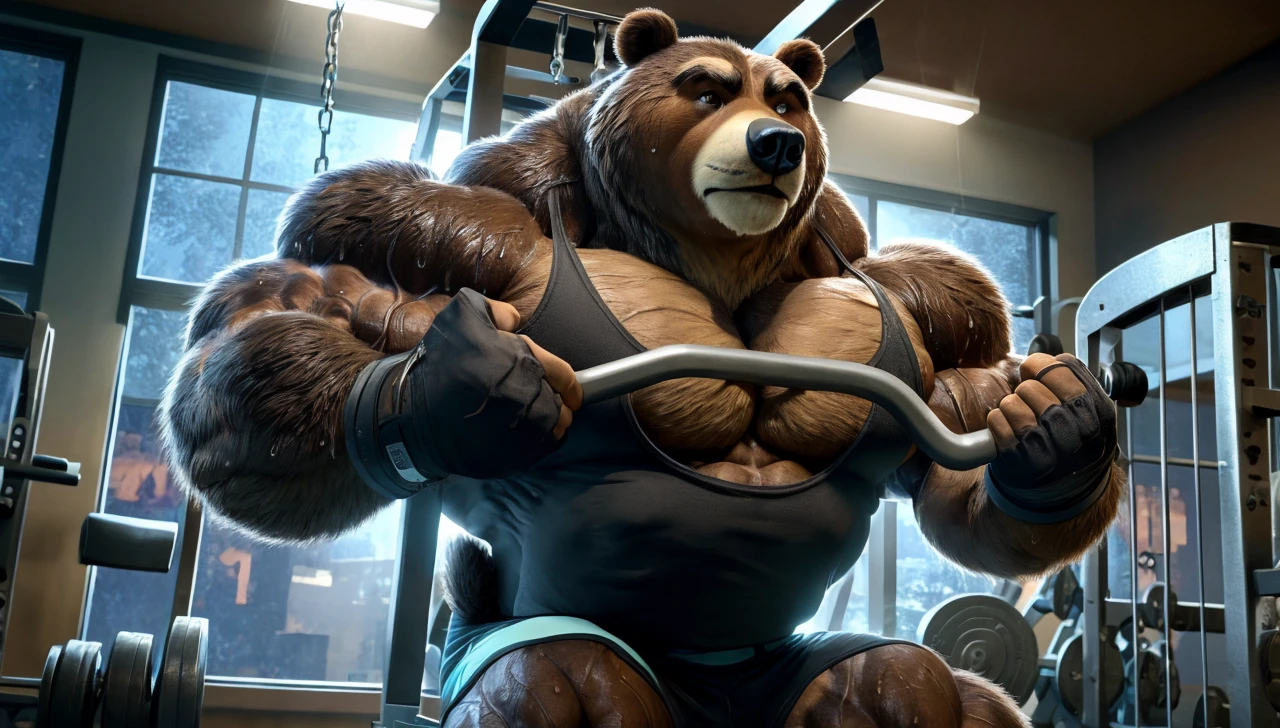 Big brown furry kodiak muscle bear with huge muscles with tank top, black gym shorts, black gym shoes and black wristbands and fingerless gloves, at the gym doing incline cable row flyes sweating off with veins