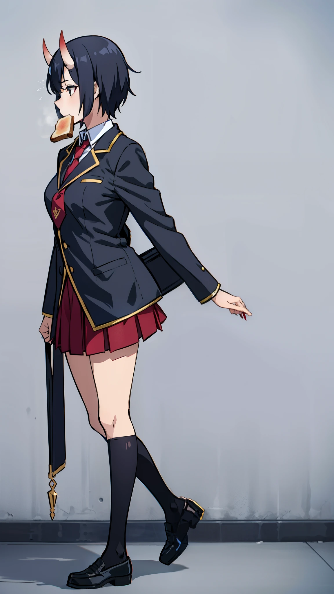 1girl ,20s,mature female,short hair,dark blue hair,oni horns,(simple background),red necktie,black jacket, blazer,long sleeves,pleated skirt,full body,standing,profile,toast in mouth,