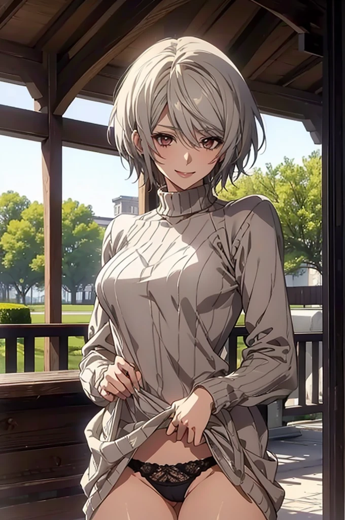 (Highest quality, High resolution, Very detailed), Silver Hair, Super short hair, Reddish brown eyes, sweater dress, lace thong, Large Breasts, 24th generation, Beautiful woman, mature, quiet, Calm, A small smile, park,