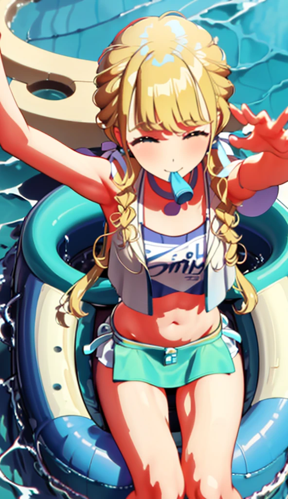 Blonde, on the sea, sitting on a swim ring, wearing a bikini, cute smile, one arm stretched out towards us, splashing water, flushed cheeks, top view, close-up, wearing a bikini, armpit, laughing with mouth open