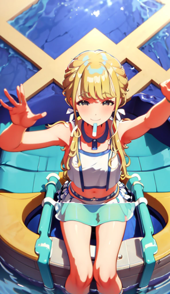 Blonde, on the sea, sitting on a swim ring, wearing a bikini, cute smile, one arm stretched out towards us, splashing water, flushed cheeks, top view, close-up, wearing a bikini, armpit, laughing with mouth open