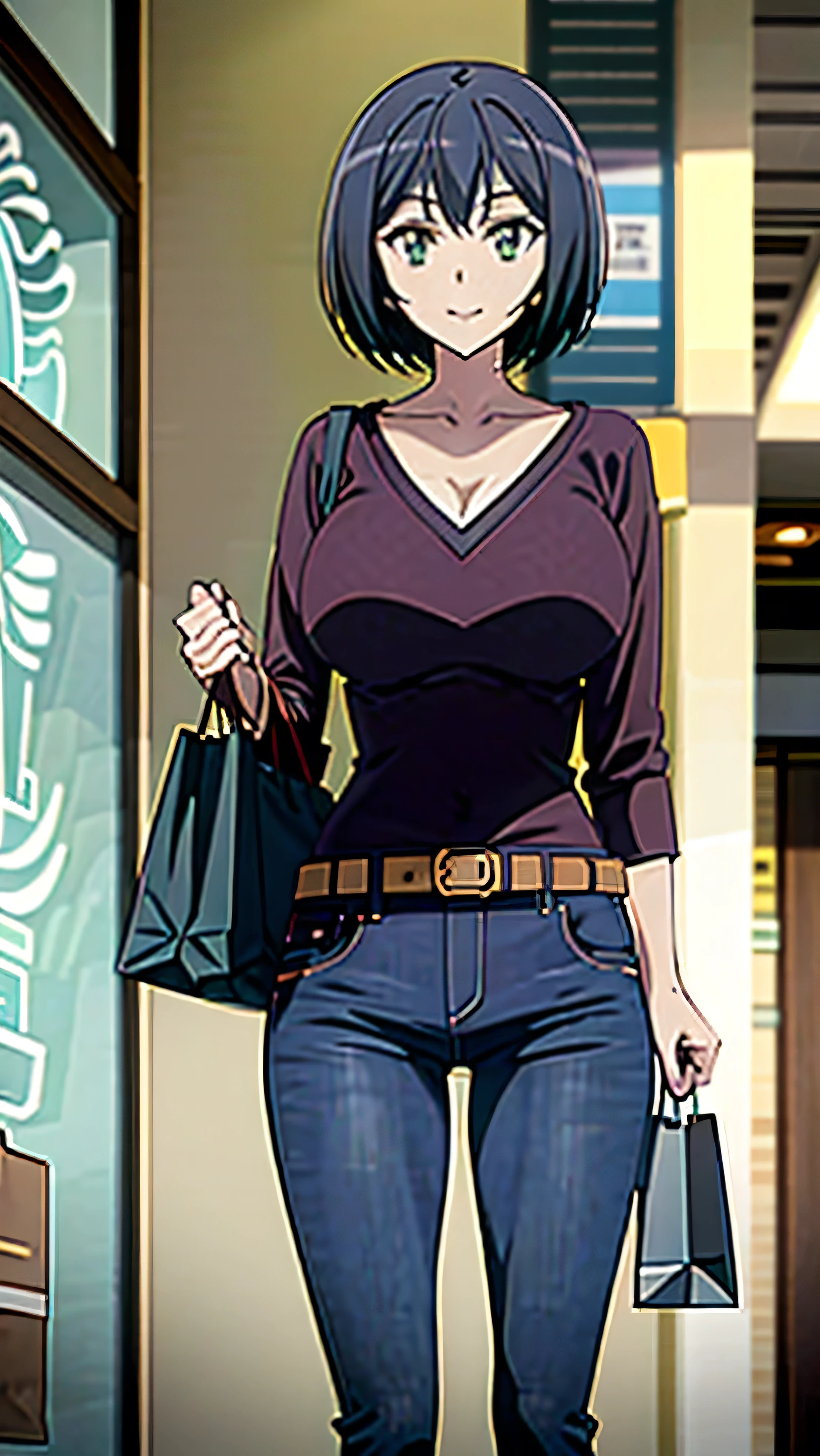 Kanade sakurada, black hair, short hair, green eyes, orange shirt, v neck shirt, longe sleeve, blue jeans, large breast, brown shoes, full boody, smiling, belt, shoping center, indoors, shopping bag, 