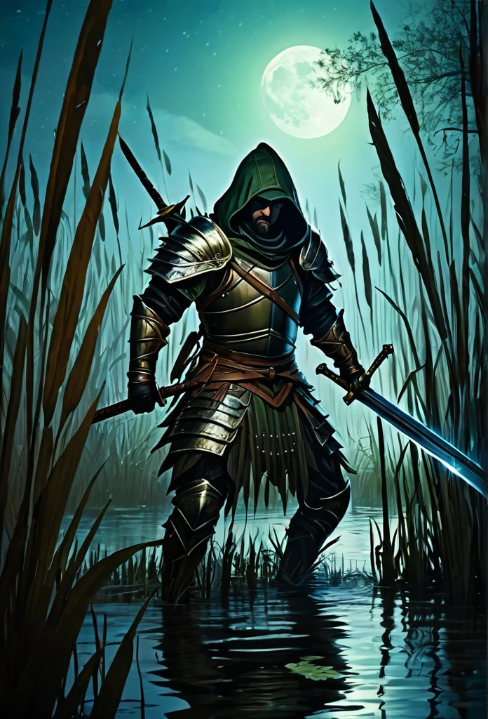 Warrior with leather armor and hood cutting reeds in a swamp at night using his sword fiercely 