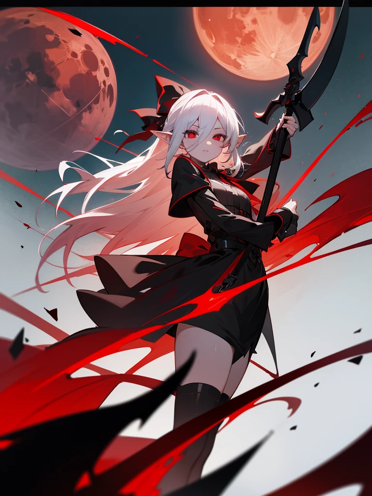 1 Girl Elf, vampire, young, black dress, red right stocking, black left stocking, red eyes, white hair with bow, with a huge scythe, against the backdrop of the red moon, night, looking at viewer, 8k, masterpiece, high res, ultrasharp