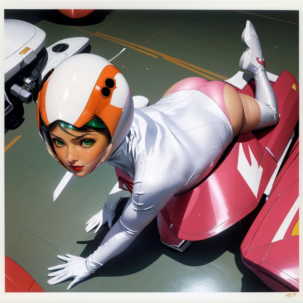 ANI_CLASSIC_jun_gatchaman_ownwaifu,1girl, , good anatomy, masterpiece, best quality, realistic, hyperrealistic, 16k hdr, breasts, green eyes, lips, large breasts, lipstick, makeup, gloves, cape, helmet, belt, elbow gloves, white gloves, mask, ultra miniskirt, leotard, spacesuit, white tight overknee highheels boots, pink dress, superhero,bodysuit,(lying flat poses, view from above),pantyhose