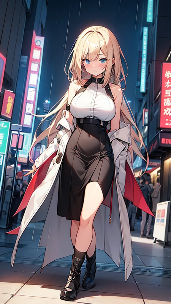 One girl, 18-year-old, Mix 4, (32k, RAW Photos, Highest quality, masterpiece:1.2), (Anime-like, photoAnime-like:1.37), cute, night, rain, Humidity, Professional Lighting, Photon Mapping, Radio City, Physically Based Rendering, Super Resolution, (Big Breasts:1.2), {{A weaponized organism escapes from a laboratory and preys on girls in the city, taking on a human form.}}, The bones of a girl he had preyed on were lying at his feet., NSFW